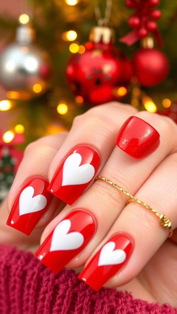 Close-up of red Christmas nails with heart designs, surrounded by festive decorations.